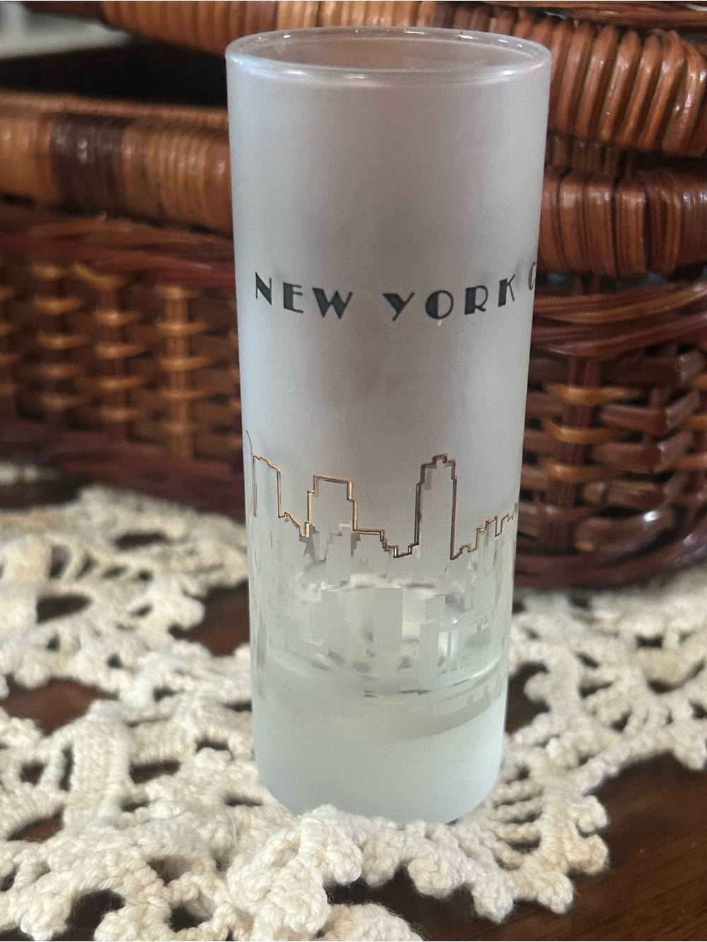 Frosted Glass Shot Glass - White Frost with Gold Skyline NYC / Empire State bldg